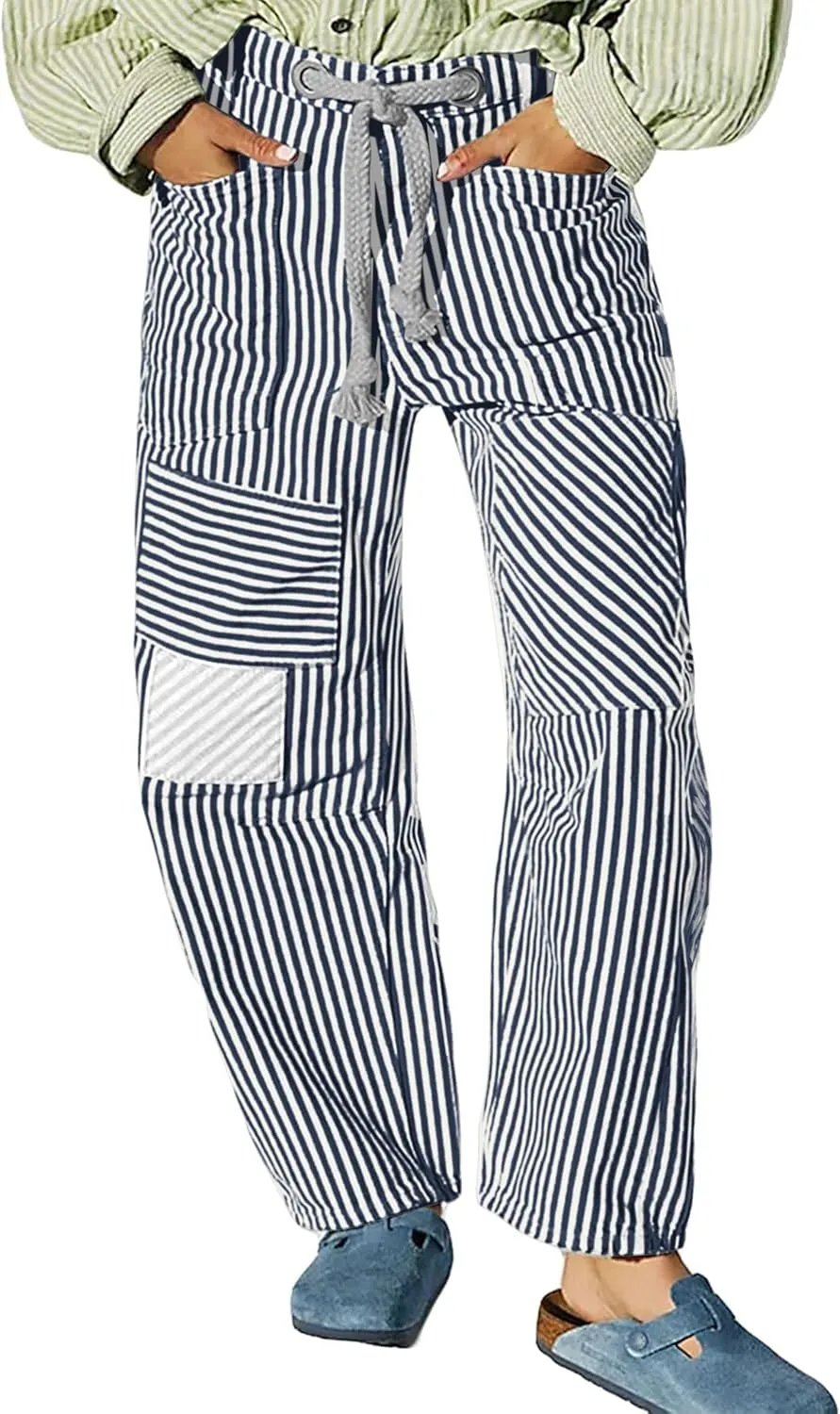 SAFRISIOR Women Striped Patchwork Pants Drawstring Barrel Pant Wide Leg Streetwear Y2k Trousers with Pockets