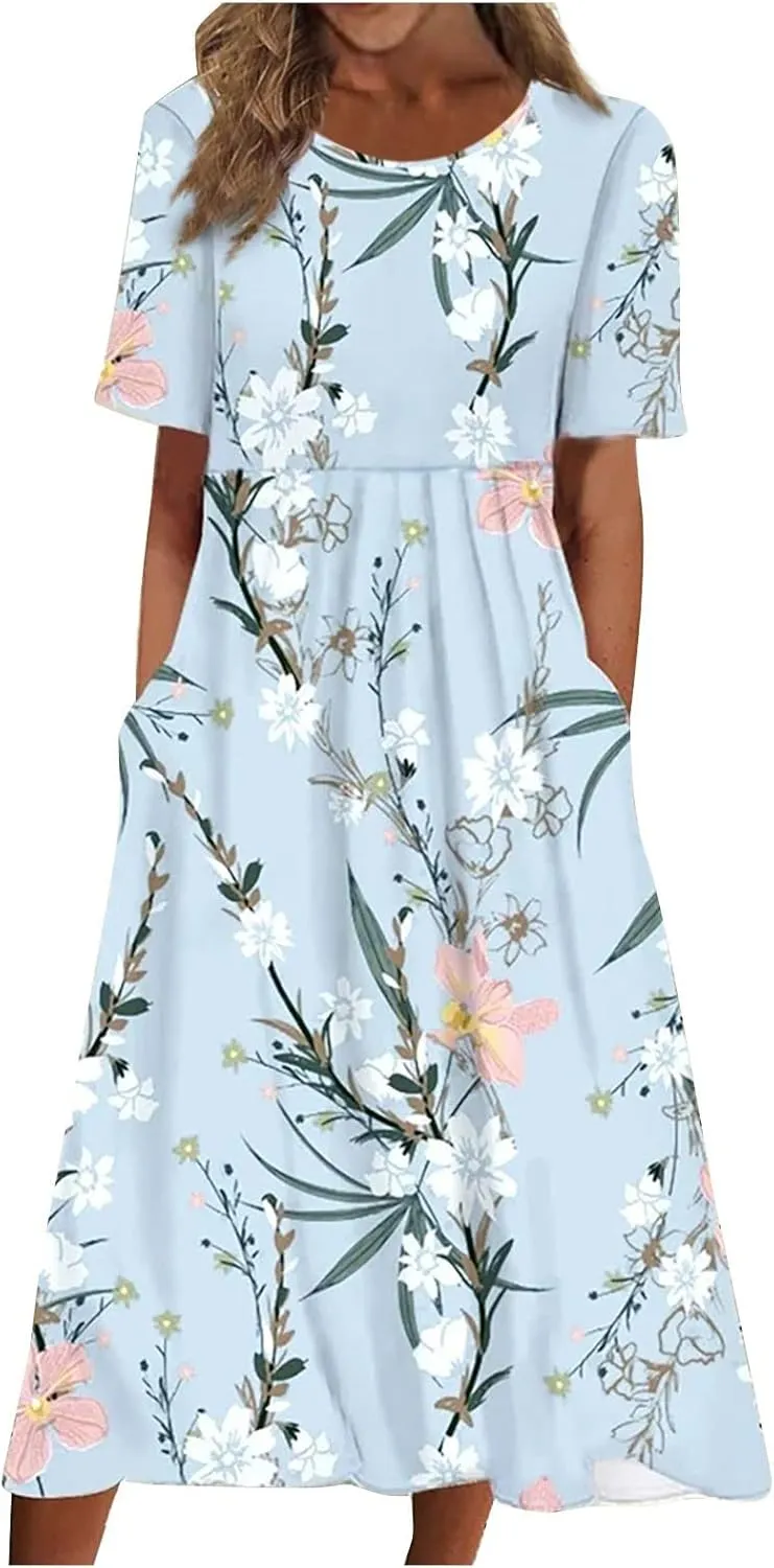 Segaven Dresses for Women 2024 Printed Round Neck Long Dresses Pocket Pleated Dresses Short Sleeve Casual Maxi Dress