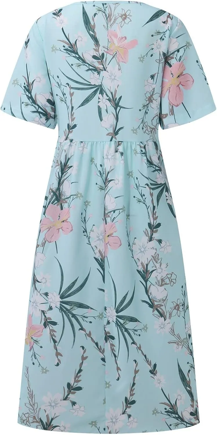 Segaven Dresses for Women 2024 Printed Round Neck Long Dresses Pocket Pleated Dresses Short Sleeve Casual Maxi Dress