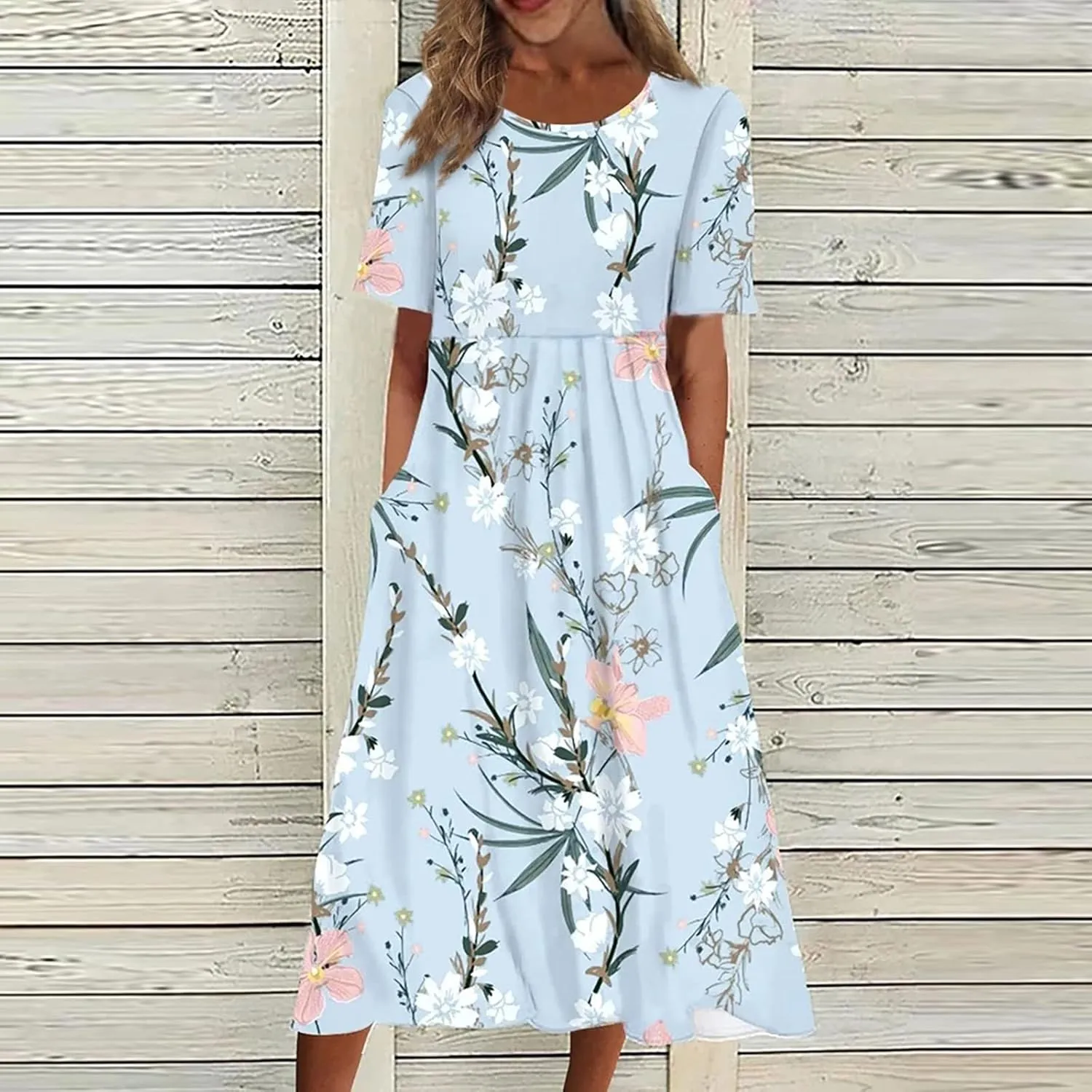Segaven Dresses for Women 2024 Printed Round Neck Long Dresses Pocket Pleated Dresses Short Sleeve Casual Maxi Dress
