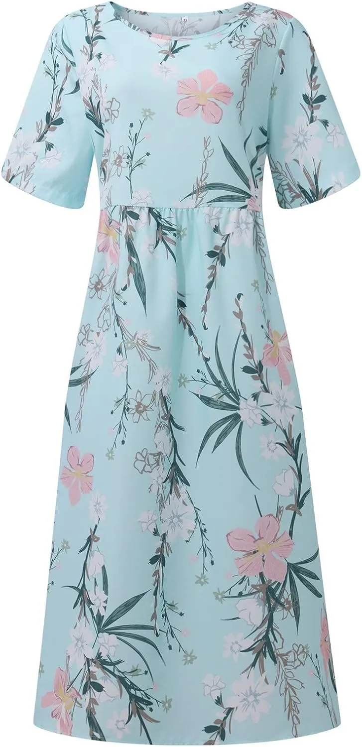 Segaven Dresses for Women 2024 Printed Round Neck Long Dresses Pocket Pleated Dresses Short Sleeve Casual Maxi Dress