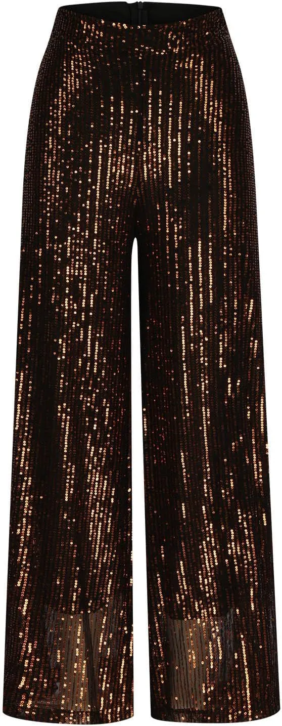 Sequin Pants for Women Wide Leg High Waist Back Zip Baggy Trousers Fashion Sparkle Flowy Party Night Out Clubwear