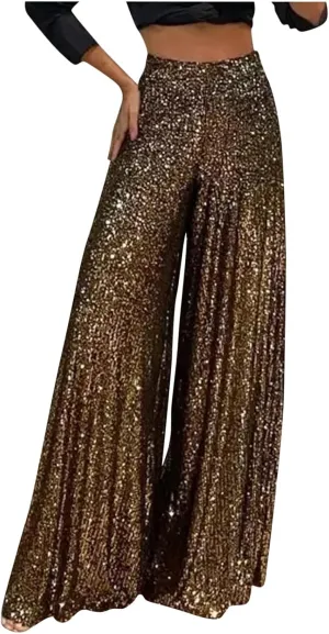 Sequin Pants for Women Wide Leg High Waist Back Zip Baggy Trousers Fashion Sparkle Flowy Party Night Out Clubwear