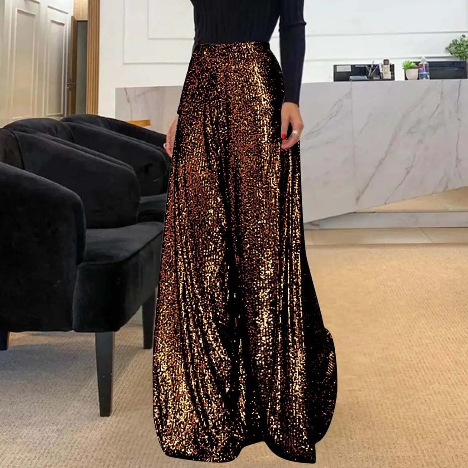 Sequin Pants for Women Wide Leg High Waist Back Zip Baggy Trousers Fashion Sparkle Flowy Party Night Out Clubwear