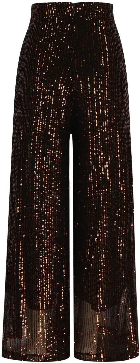 Sequin Pants for Women Wide Leg High Waist Back Zip Baggy Trousers Fashion Sparkle Flowy Party Night Out Clubwear