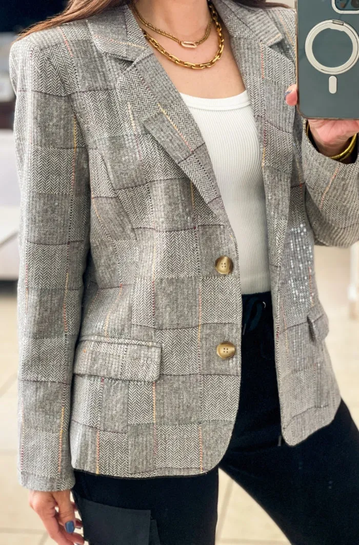 Sequin Plaid Print Blazer