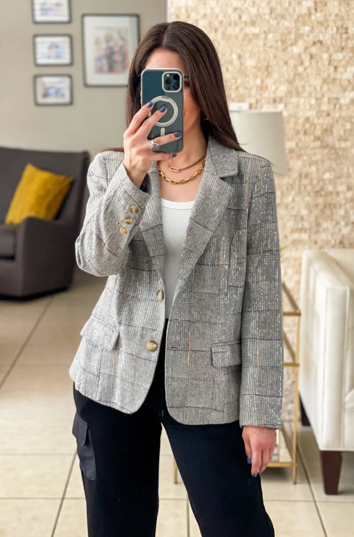 Sequin Plaid Print Blazer