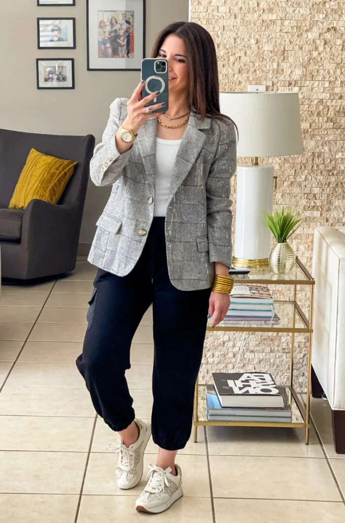 Sequin Plaid Print Blazer