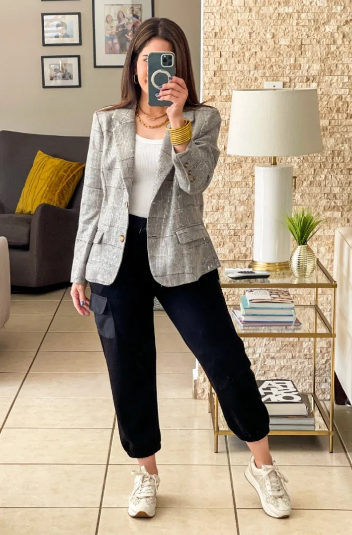 Sequin Plaid Print Blazer