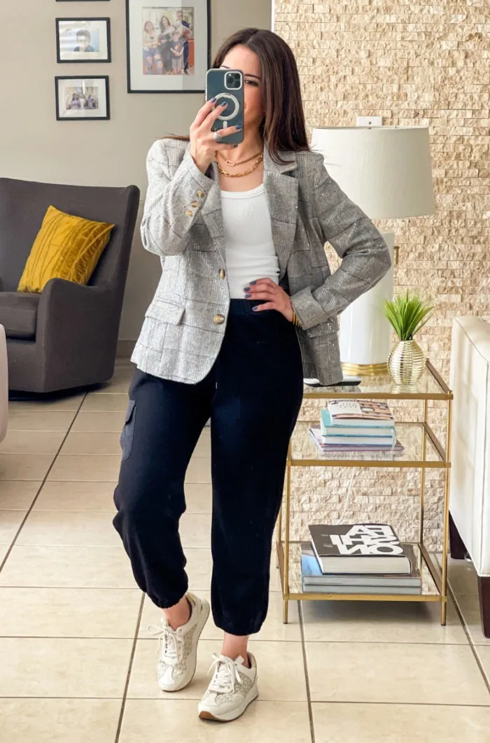 Sequin Plaid Print Blazer