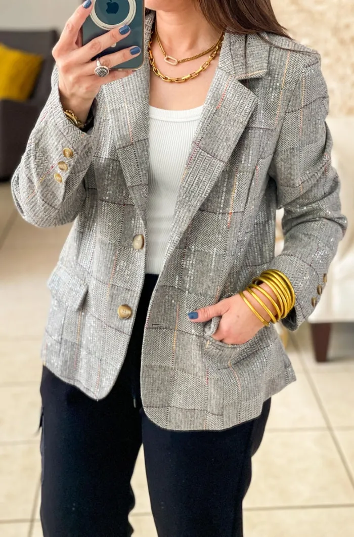 Sequin Plaid Print Blazer