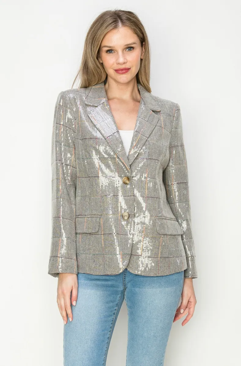 Sequin Plaid Print Blazer