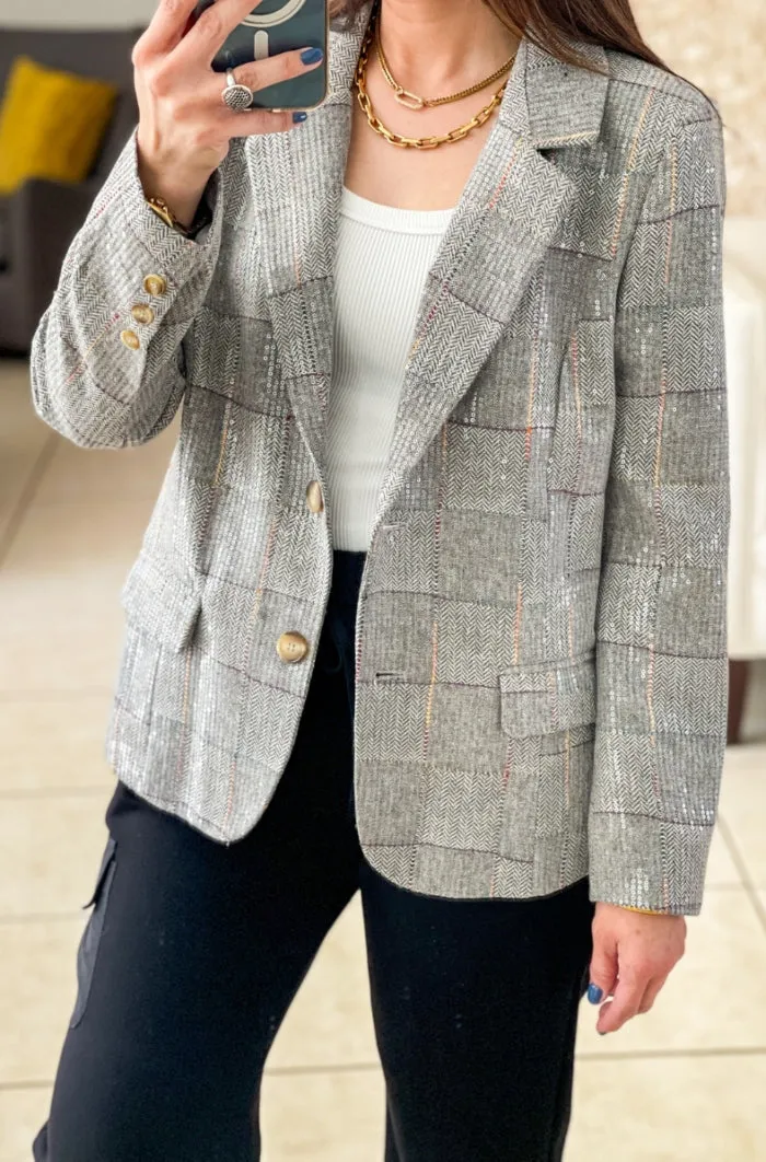 Sequin Plaid Print Blazer