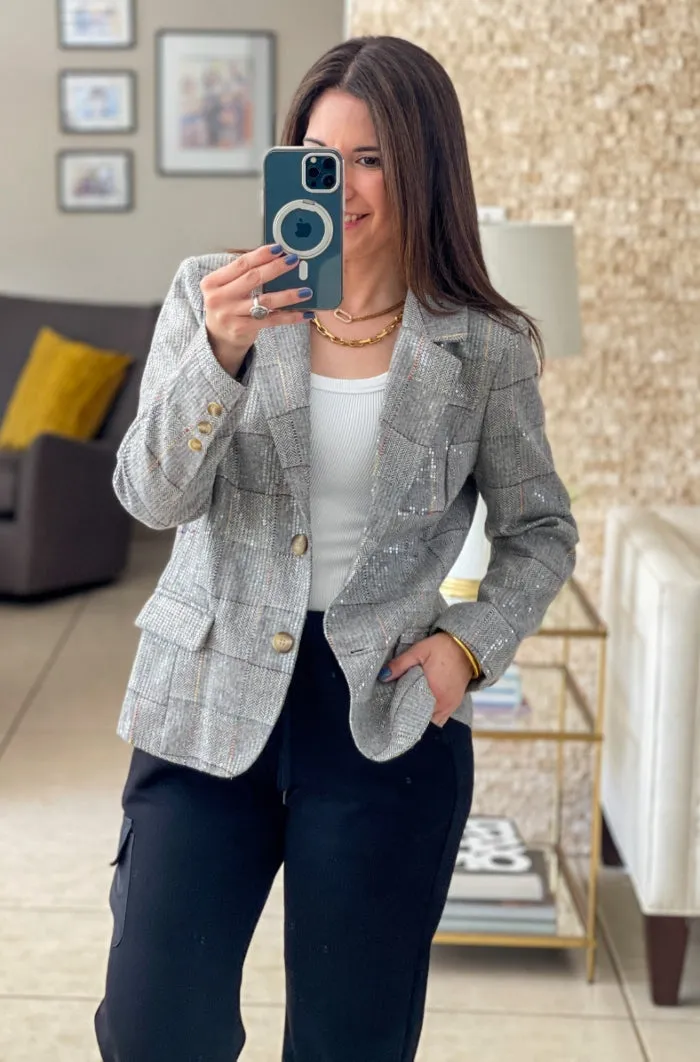 Sequin Plaid Print Blazer