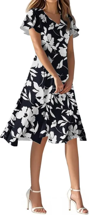 Sexy Dresses for Women Date Night V Neck Boho Knee Length Summer 2025 Tie Dye Floral Short Sleeve Short Skirt