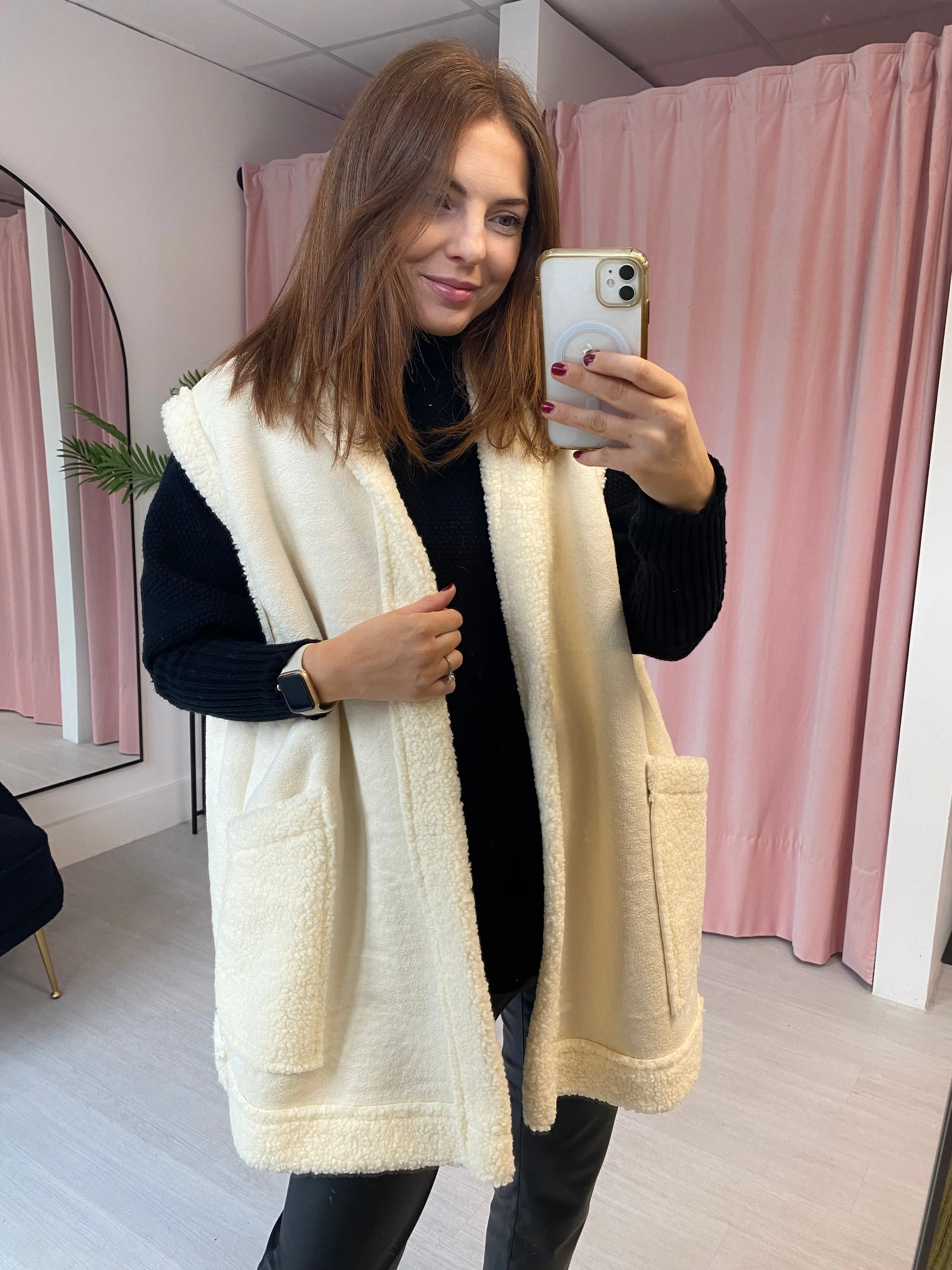 Shearling Lined Faux Suede Gilet - Cream