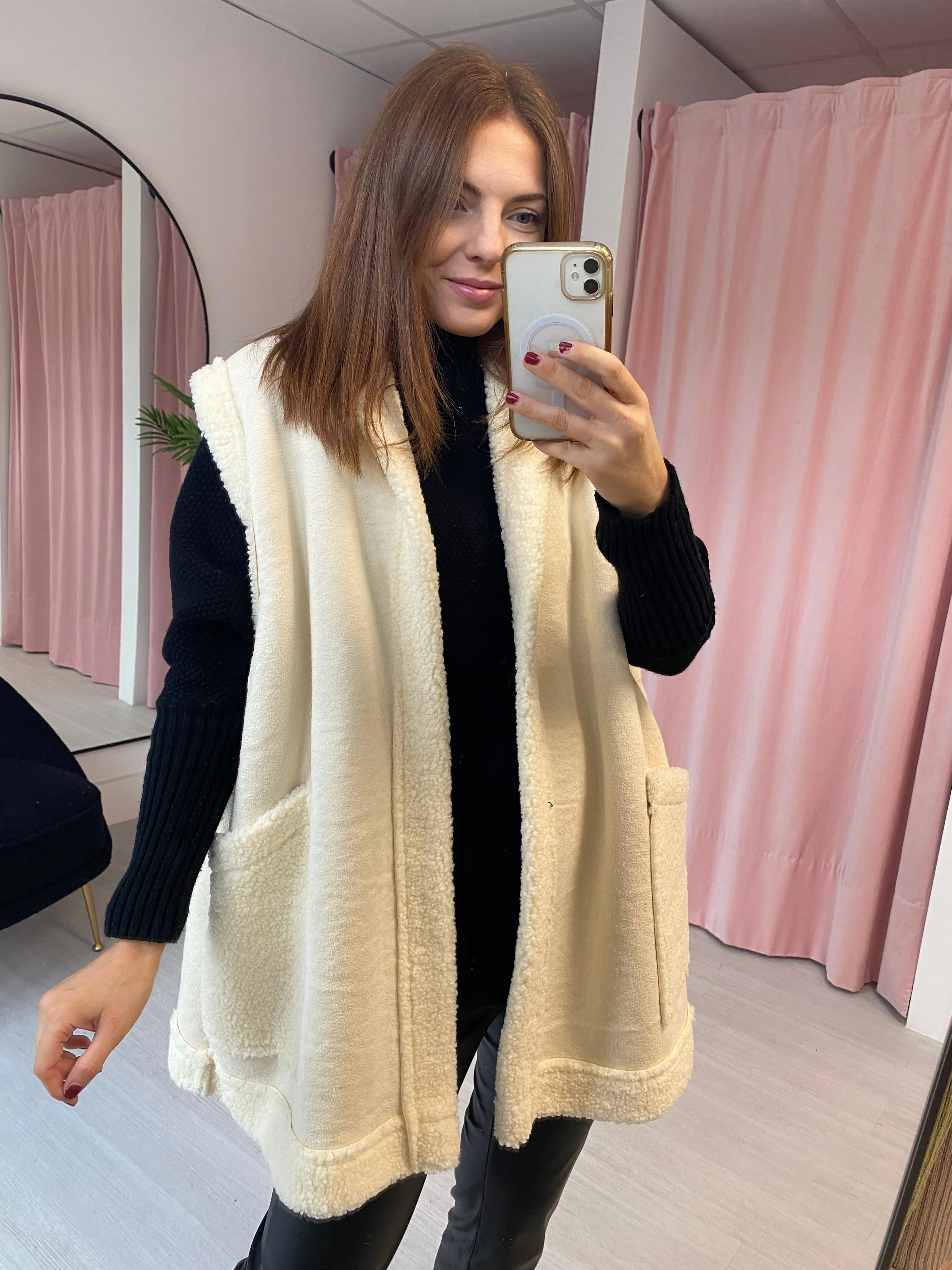 Shearling Lined Faux Suede Gilet - Cream