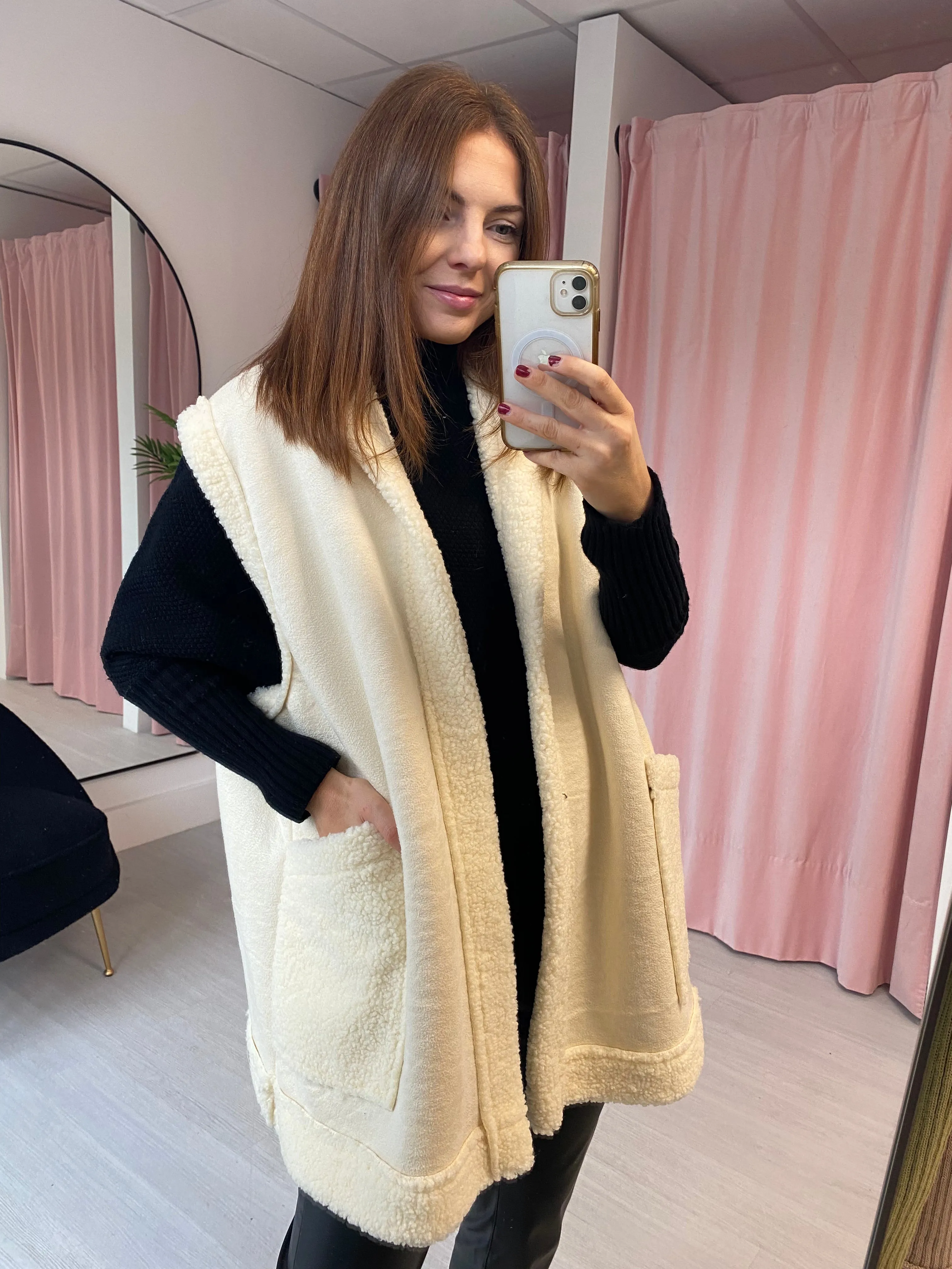 Shearling Lined Faux Suede Gilet - Cream