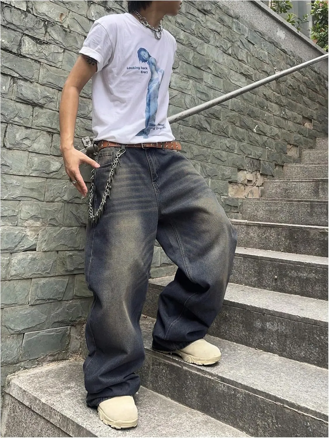 SHENHE Men's Wide Leg Jeans Vintage Baggy Jeans Casual Loose Fit Denim Pants with Pockets