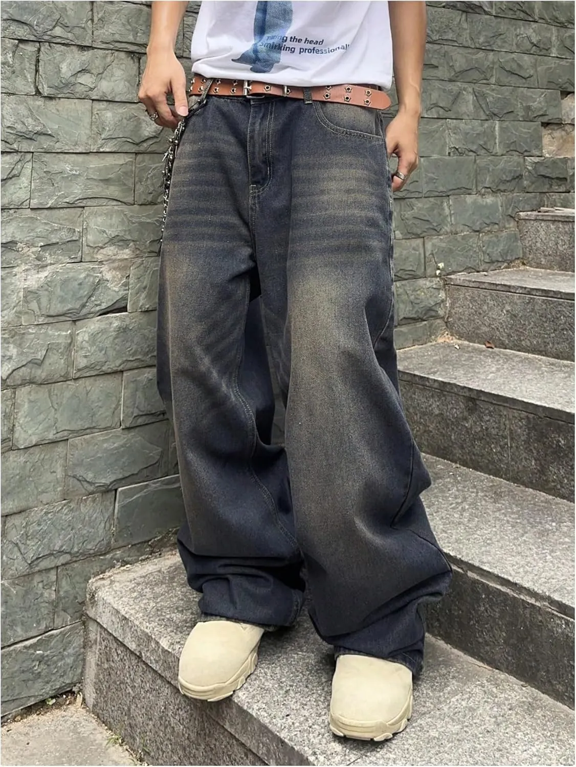 SHENHE Men's Wide Leg Jeans Vintage Baggy Jeans Casual Loose Fit Denim Pants with Pockets