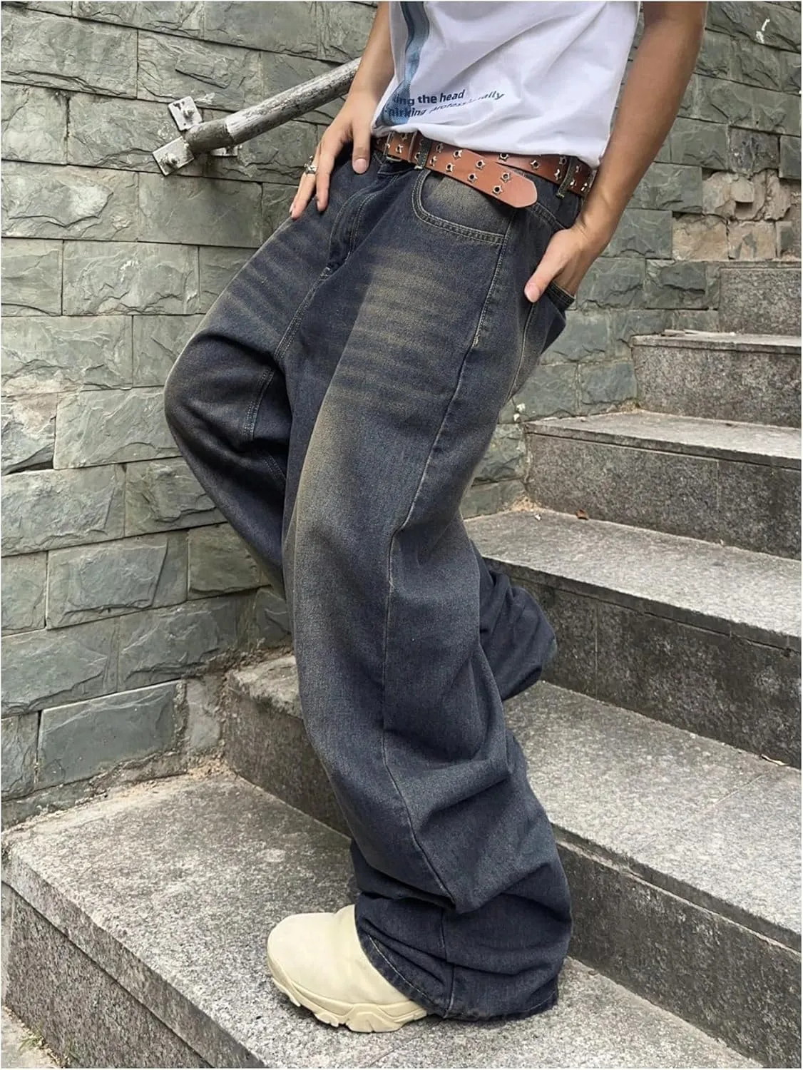 SHENHE Men's Wide Leg Jeans Vintage Baggy Jeans Casual Loose Fit Denim Pants with Pockets