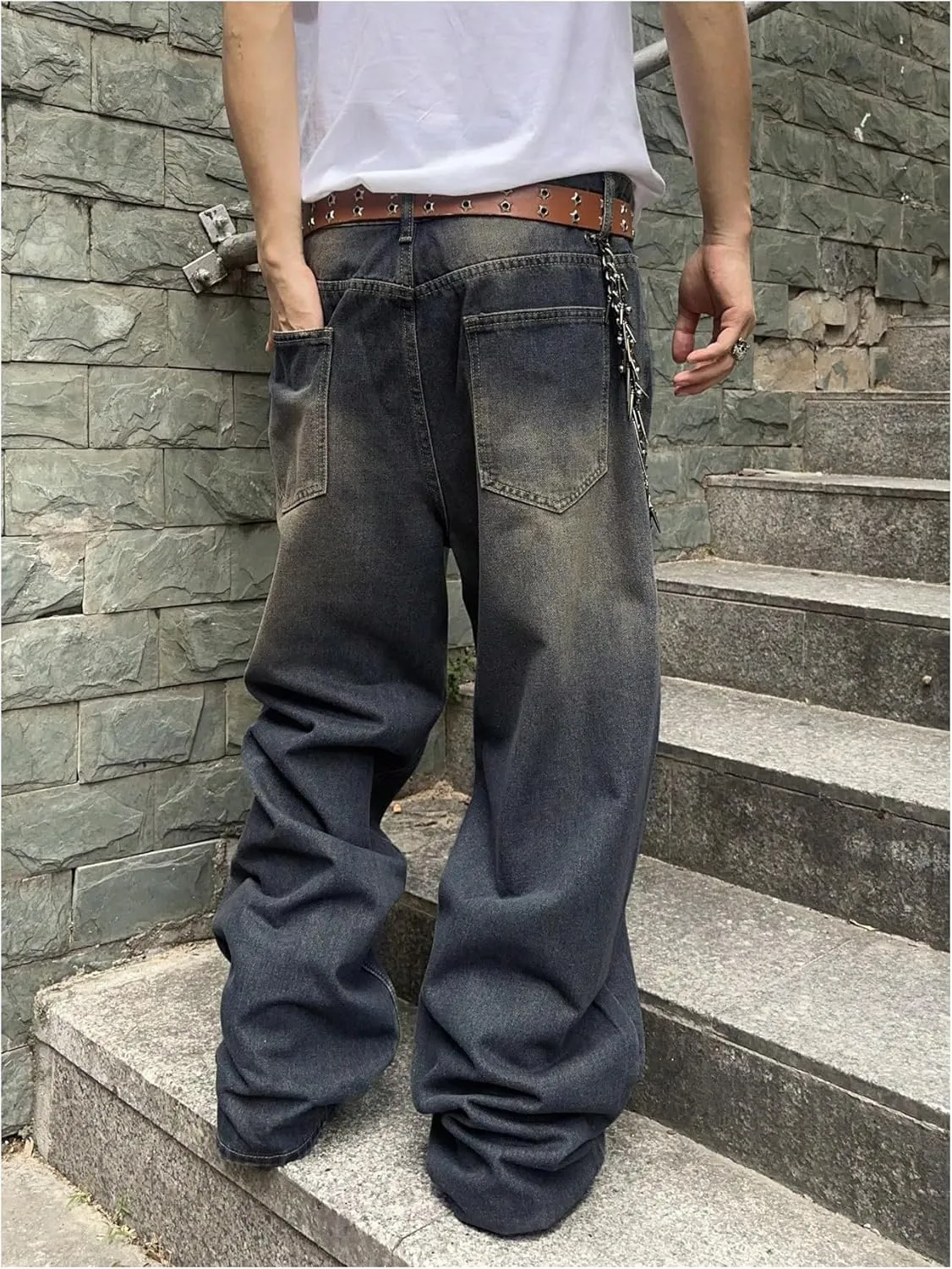SHENHE Men's Wide Leg Jeans Vintage Baggy Jeans Casual Loose Fit Denim Pants with Pockets