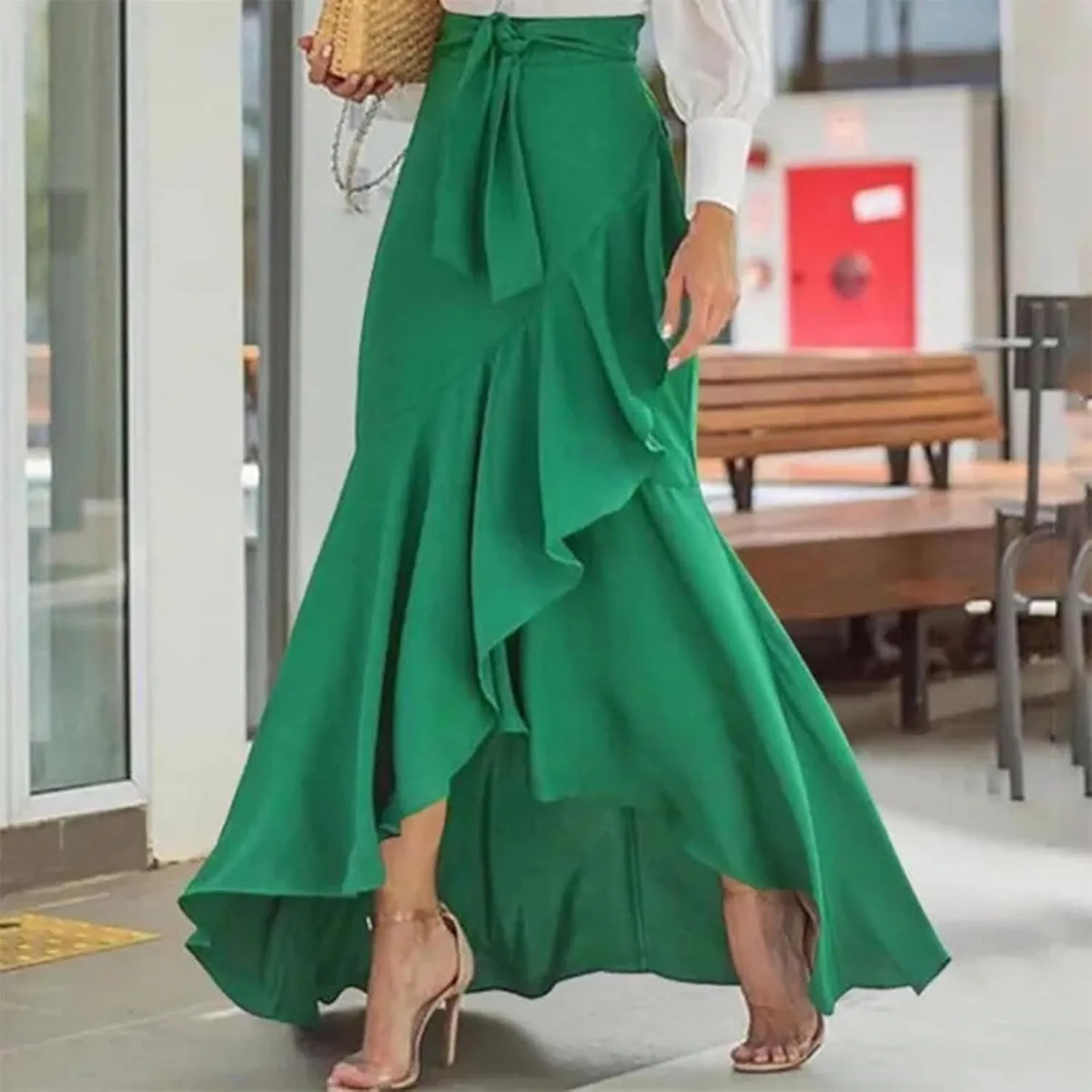 Skirts for Women Flowy Long Skirts High Waist Irregular Hem Skirt Plus Size A Line Maxi Skirts Solid Plaid Skirt