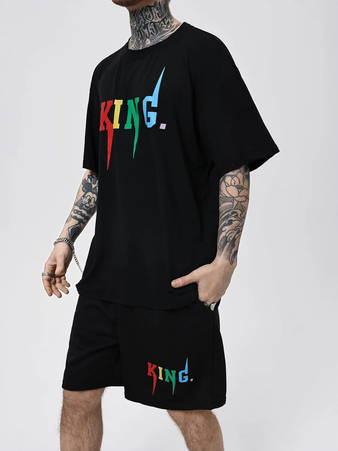 SOLY HUX Men's Letter Graphic Short Sleeve Tee and Drawstring Waist Track Shorts Set Casual 2 Piece Outfit