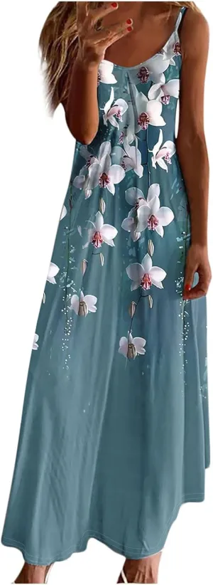 Spaghetti Strap Maxi Dresses for Women V Neck Sexy Casual Elegant Dress Summer Holiday Long Vintage Floral Sundress