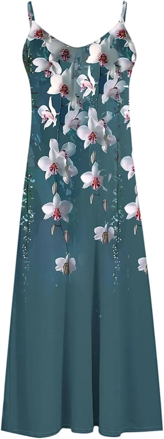 Spaghetti Strap Maxi Dresses for Women V Neck Sexy Casual Elegant Dress Summer Holiday Long Vintage Floral Sundress