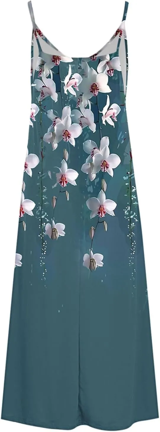 Spaghetti Strap Maxi Dresses for Women V Neck Sexy Casual Elegant Dress Summer Holiday Long Vintage Floral Sundress