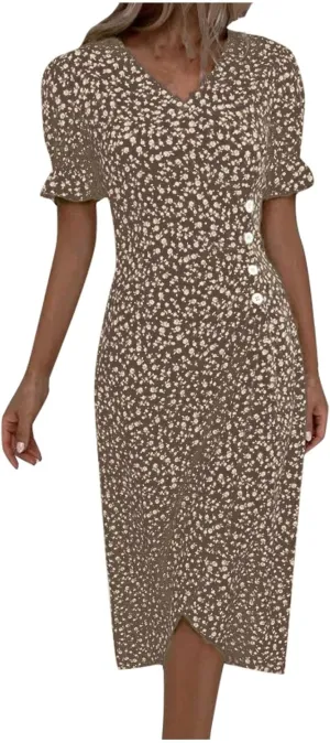 Spring Dresses for Women 2024, Summer Elegant Wrap V Neck Puff Sleeve Boho Print Sundresses Slim Hawaiian Irregular Hem Dress