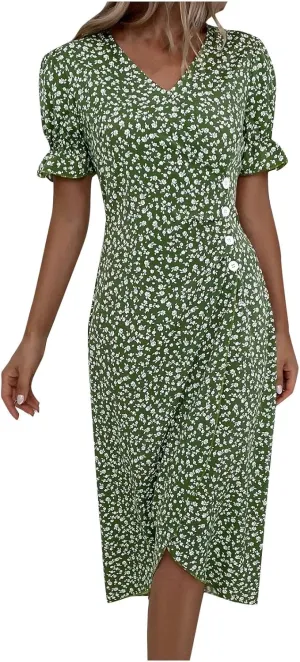 Spring Dresses for Women 2024, Summer Elegant Wrap V Neck Puff Sleeve Boho Print Sundresses Slim Hawaiian Irregular Hem Dress