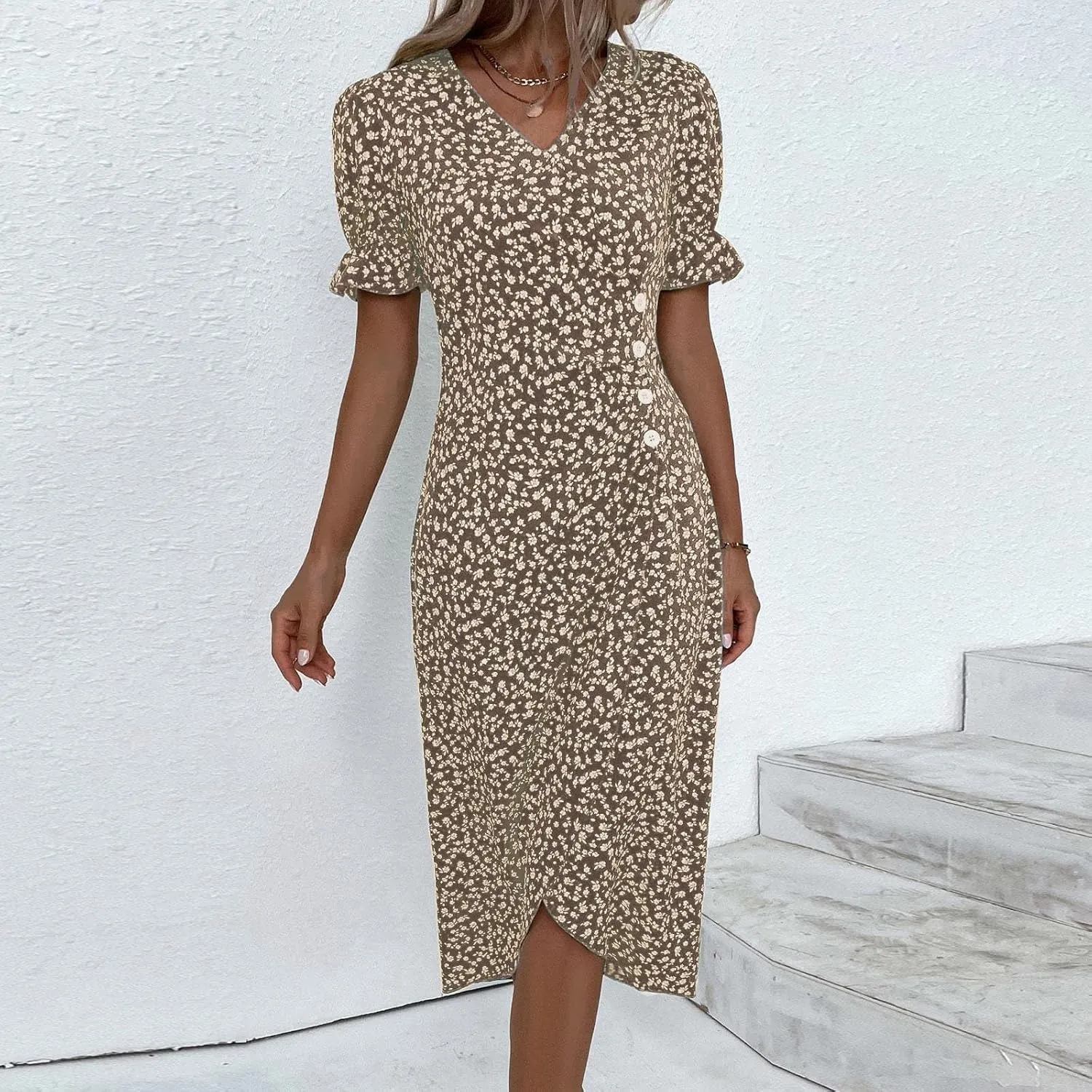 Spring Dresses for Women 2024, Summer Elegant Wrap V Neck Puff Sleeve Boho Print Sundresses Slim Hawaiian Irregular Hem Dress