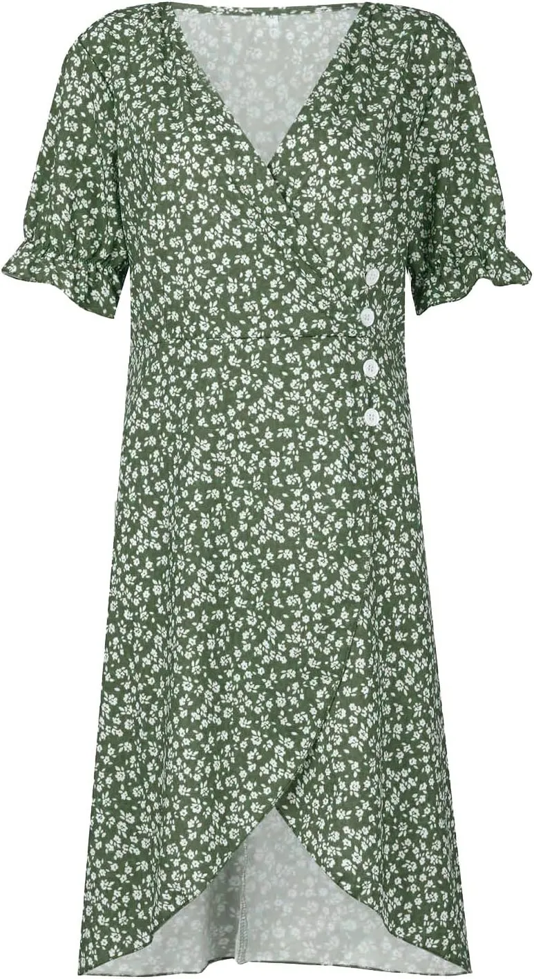Spring Dresses for Women 2024, Summer Elegant Wrap V Neck Puff Sleeve Boho Print Sundresses Slim Hawaiian Irregular Hem Dress