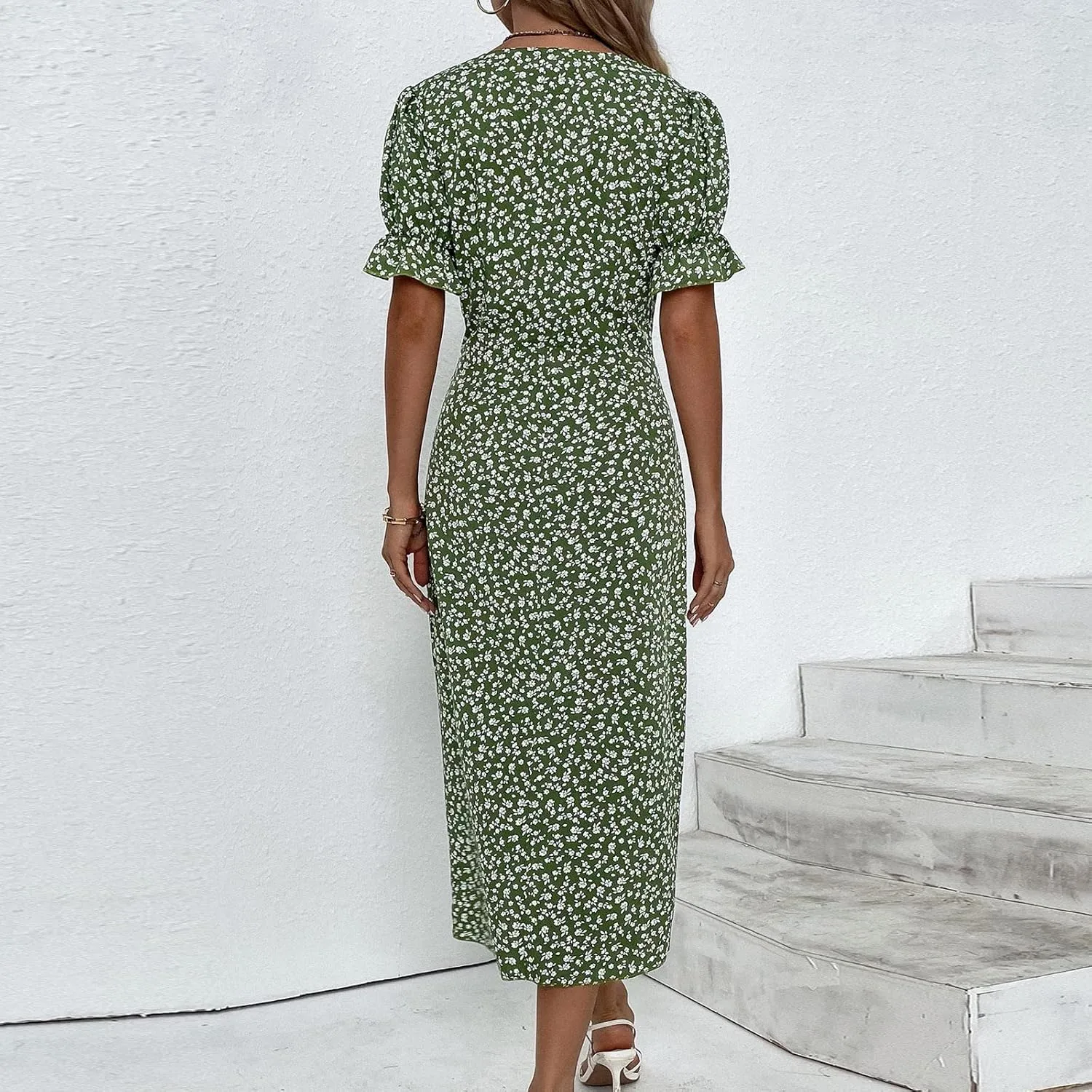 Spring Dresses for Women 2024, Summer Elegant Wrap V Neck Puff Sleeve Boho Print Sundresses Slim Hawaiian Irregular Hem Dress