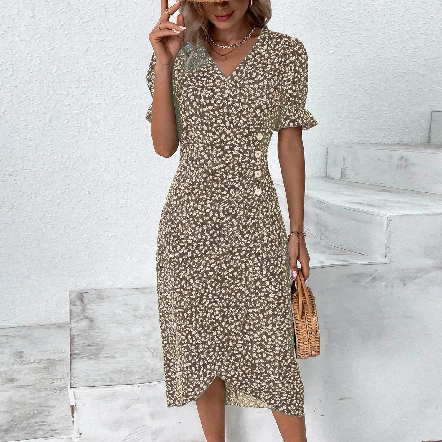 Spring Dresses for Women 2024, Summer Elegant Wrap V Neck Puff Sleeve Boho Print Sundresses Slim Hawaiian Irregular Hem Dress