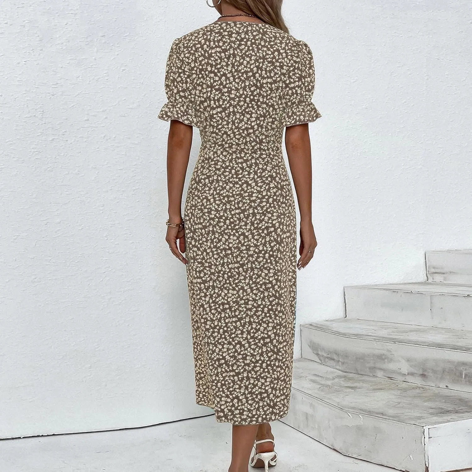 Spring Dresses for Women 2024, Summer Elegant Wrap V Neck Puff Sleeve Boho Print Sundresses Slim Hawaiian Irregular Hem Dress