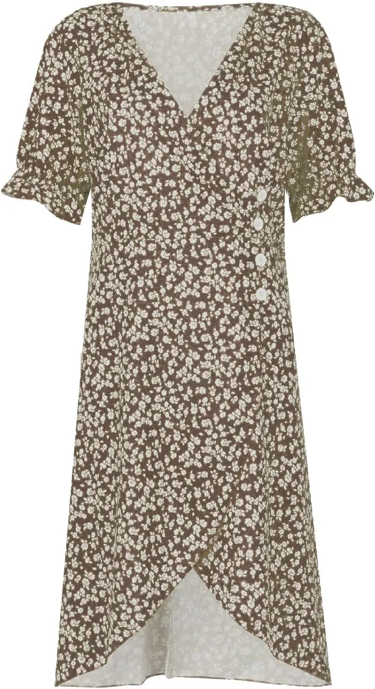 Spring Dresses for Women 2024, Summer Elegant Wrap V Neck Puff Sleeve Boho Print Sundresses Slim Hawaiian Irregular Hem Dress