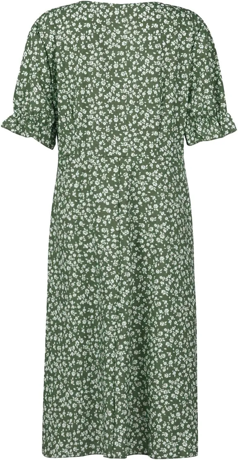 Spring Dresses for Women 2024, Summer Elegant Wrap V Neck Puff Sleeve Boho Print Sundresses Slim Hawaiian Irregular Hem Dress
