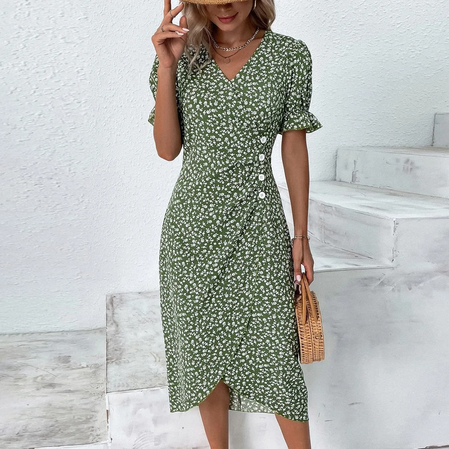 Spring Dresses for Women 2024, Summer Elegant Wrap V Neck Puff Sleeve Boho Print Sundresses Slim Hawaiian Irregular Hem Dress