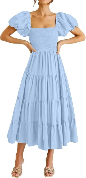 Spring Midi Dresses for Women 2025 Empire Waist Tiered Puff Sleeve Dress Aline Off The Shoulder Tea Party Dresses