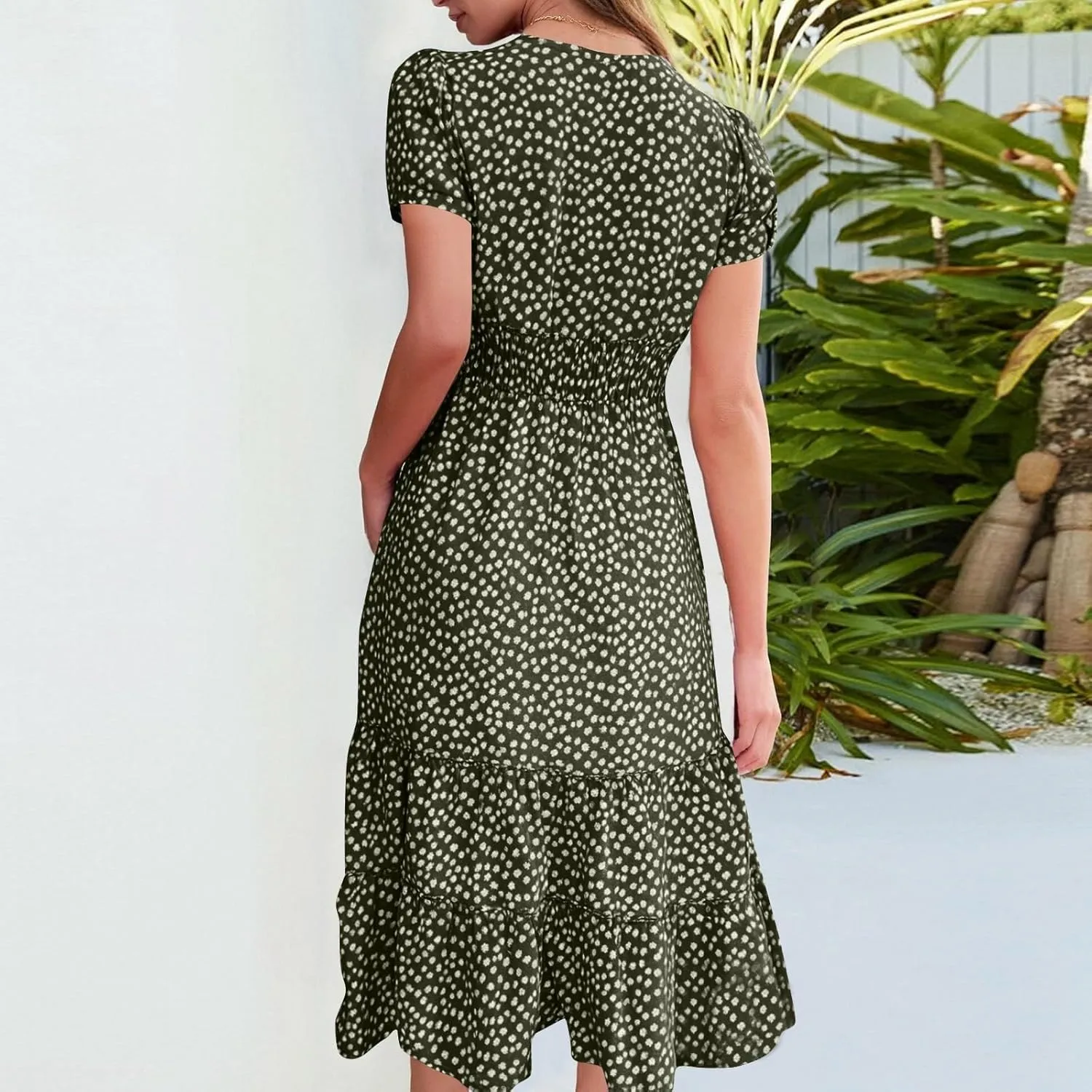 Square Neck Summer Dresses for Women 2025 Polka Dot Short Sleeve Midi Dresses Tiered Flowy Swing Boho Beach Sundress