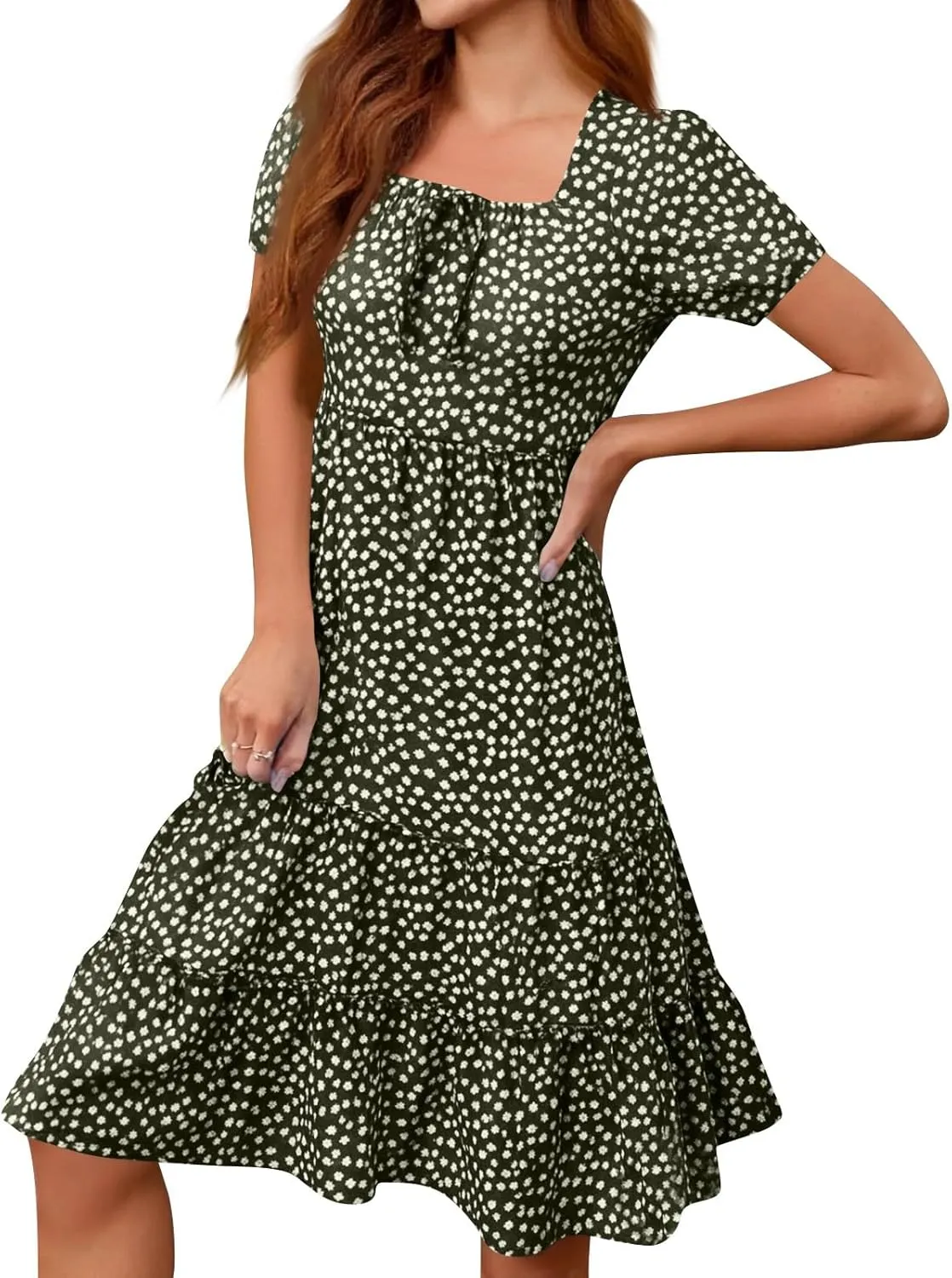 Square Neck Summer Dresses for Women 2025 Polka Dot Short Sleeve Midi Dresses Tiered Flowy Swing Boho Beach Sundress