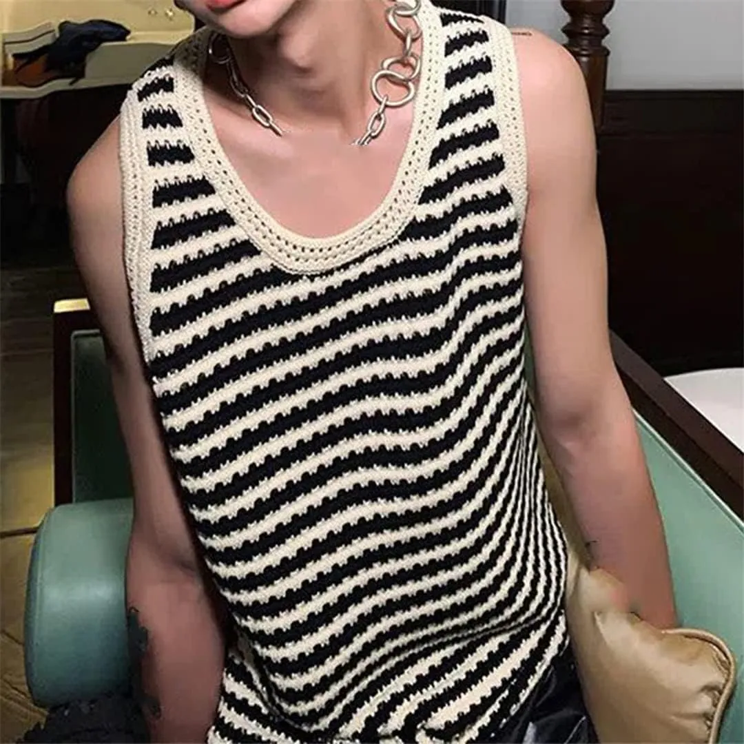 Striped Knitted Tanks Tops Men's Knitwear Sleeveless Streetwear Loose Vintage Shirts