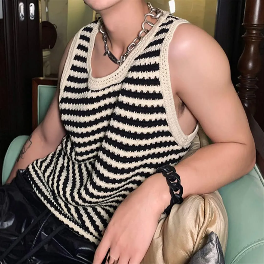 Striped Knitted Tanks Tops Men's Knitwear Sleeveless Streetwear Loose Vintage Shirts