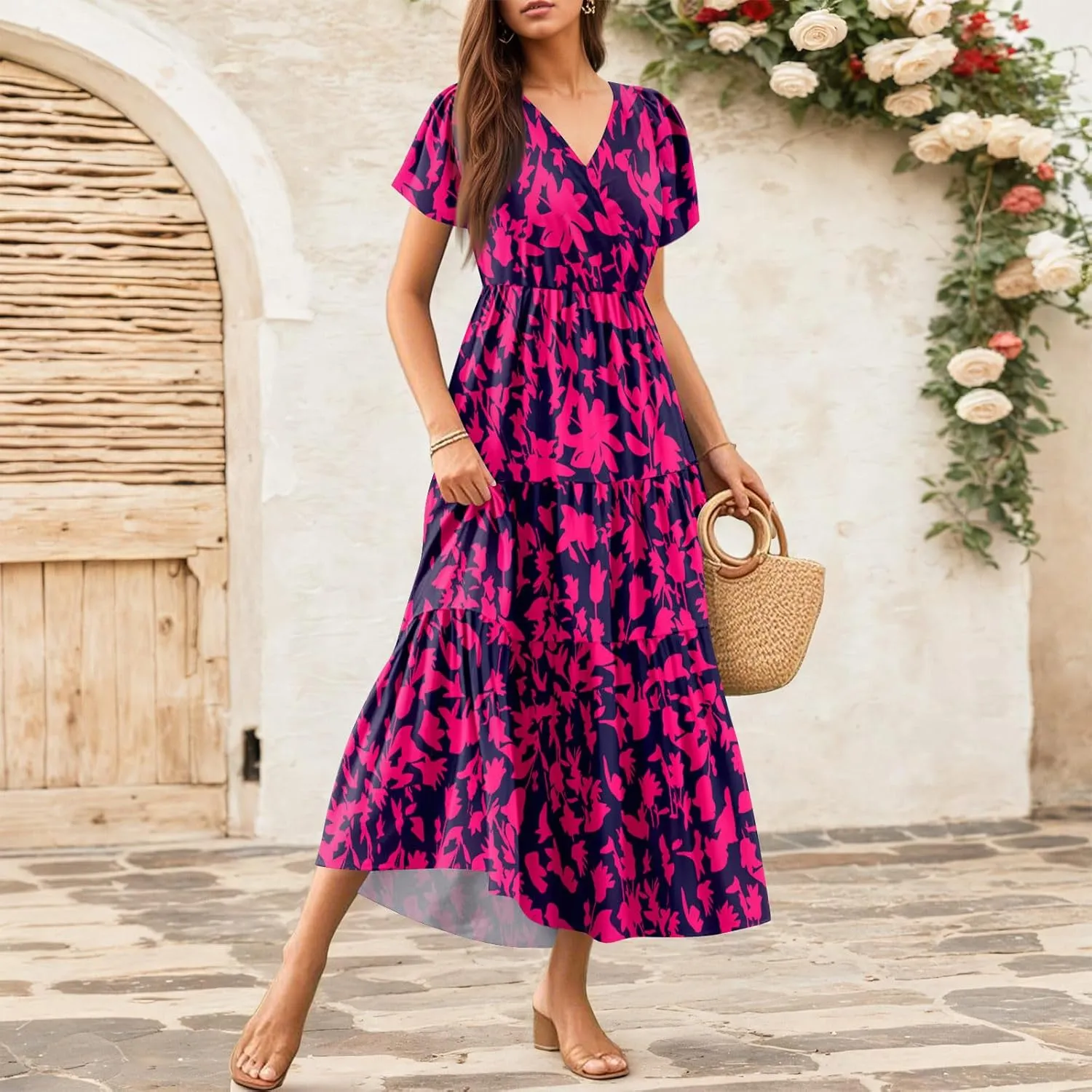 Summer Dress for Women 2025 Floral Sundress Short Sleeve Flowy Beach Vacation Boho Maxi Dresses