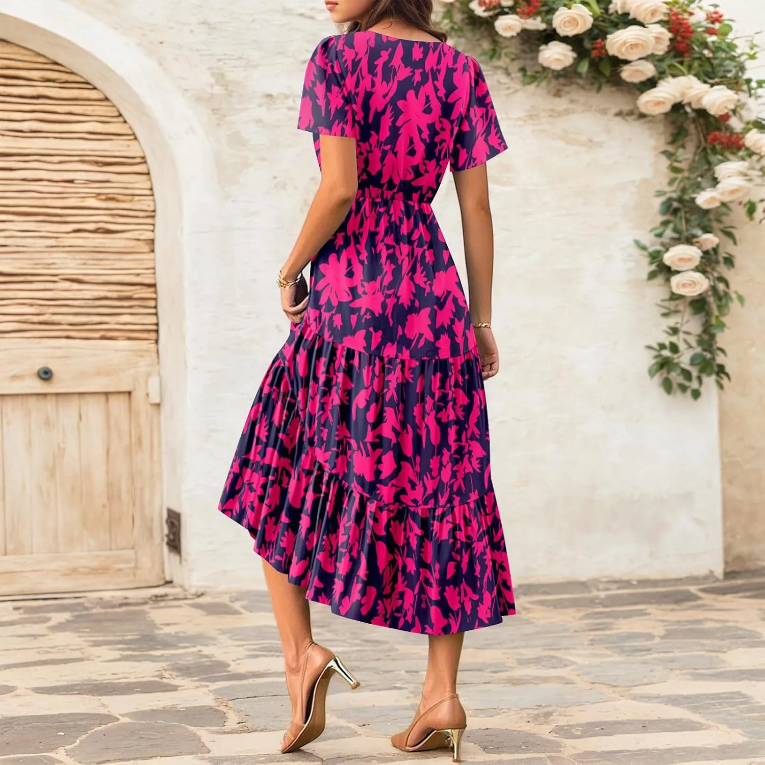 Summer Dress for Women 2025 Floral Sundress Short Sleeve Flowy Beach Vacation Boho Maxi Dresses