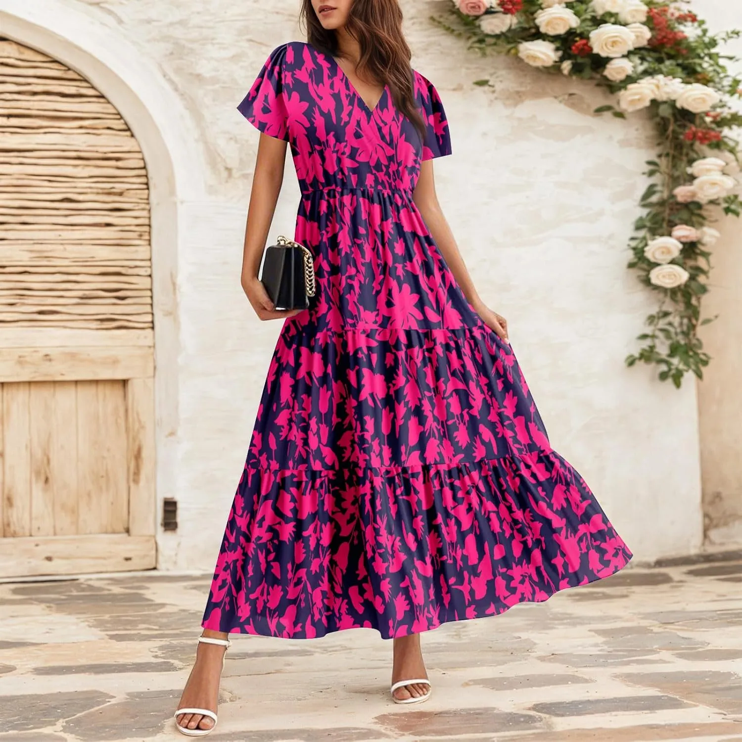 Summer Dress for Women 2025 Floral Sundress Short Sleeve Flowy Beach Vacation Boho Maxi Dresses