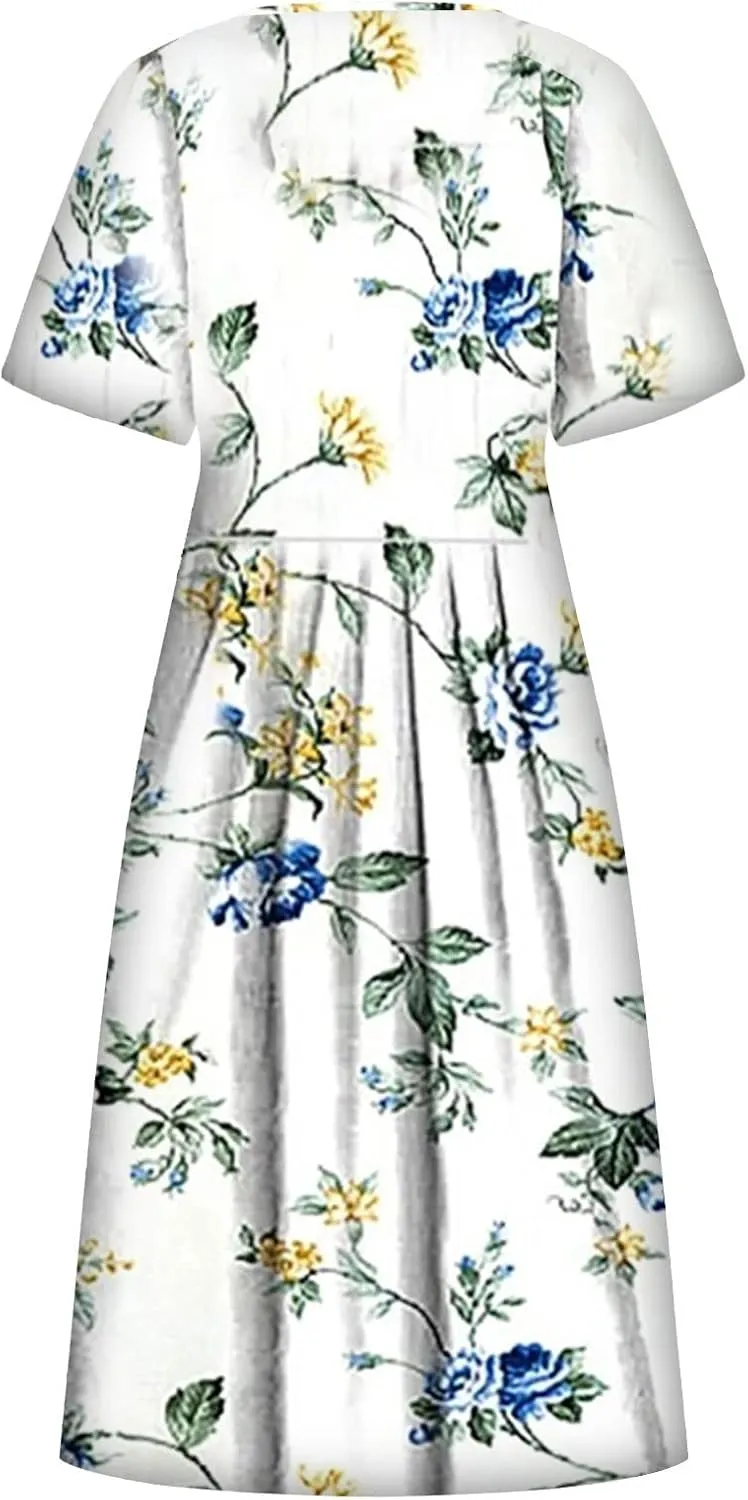 Summer Dresses for Women 2024 Boho Floral Dress Short Sleeve Flowy A Line Swing Midi Dresses Cruise Beach Vacation Sundresses